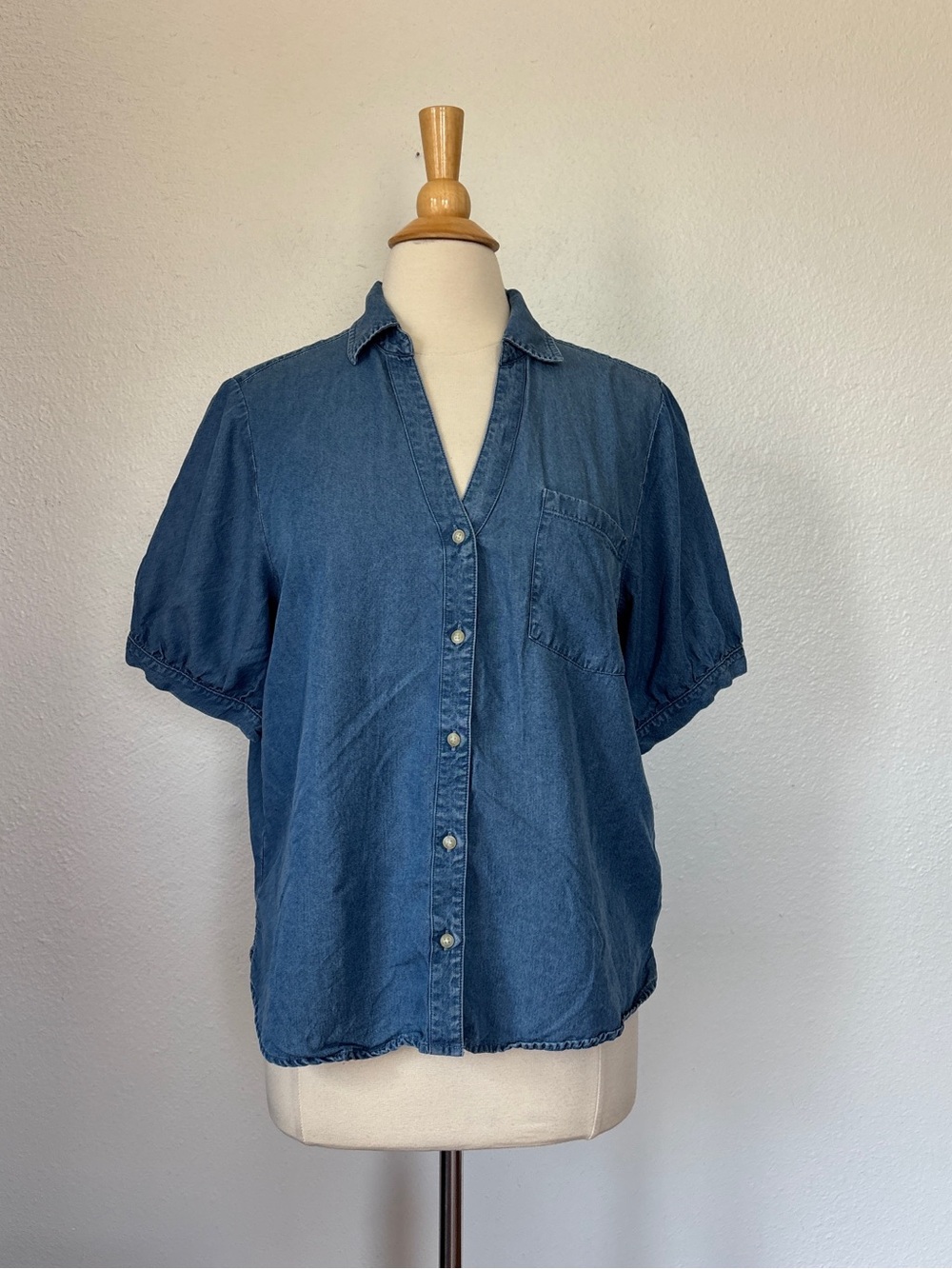 Denim Short Sleeve Collared Button Down Top